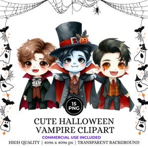 15 süße Aquarell Vampir Halloween Clipart, Gothic Vampir Clipart, Vampir PNG Halloween Dekor, Aquarell druckbare PNG, kommerzielle Nutzung