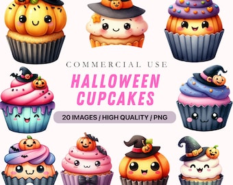 Kawaii Halloween Cupcakes Clipart Bundle: Sweet Food Illustrations (Digital Download)