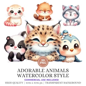 20 entzückende Tiere Aquarell Clipart PNG Bundle, Baby Tier Clipart, druckbare Aquarell Tiere, Kinderzimmer Clipart, digitaler Download