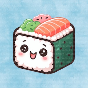 May include: A cute cartoon sushi roll with a smiling face. The sushi features a salmon topping, green wasabi, and pink ginger. The sushi is square-shaped with a white rice base and a dark green seaweed wrap. The background is a light blue watercolor wash.