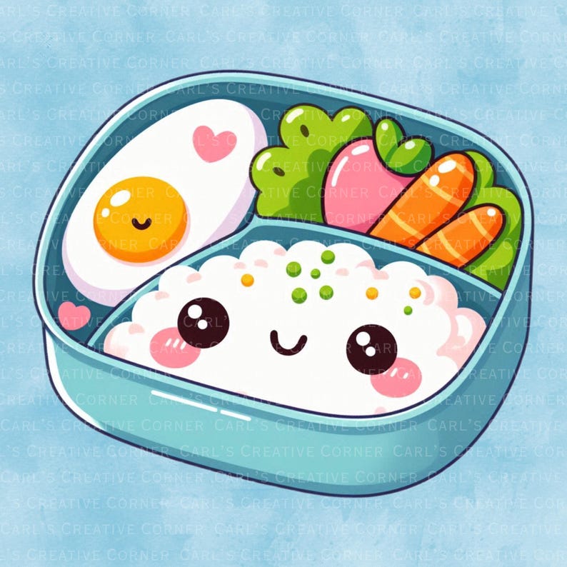 May include: A cartoon illustration of a bento box with a smiling face made of rice. The box contains a fried egg with a heart, lettuce, carrots, and other food items. The box is light blue.