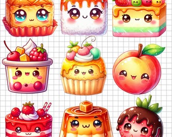 Druckbares Kawaii Dessert Clipart Bundle PNG 10 Süßes Essen und Süß Grafiken Illustration zum ausdrucken für Handwerk Aufkleber Scrapbooking Journals