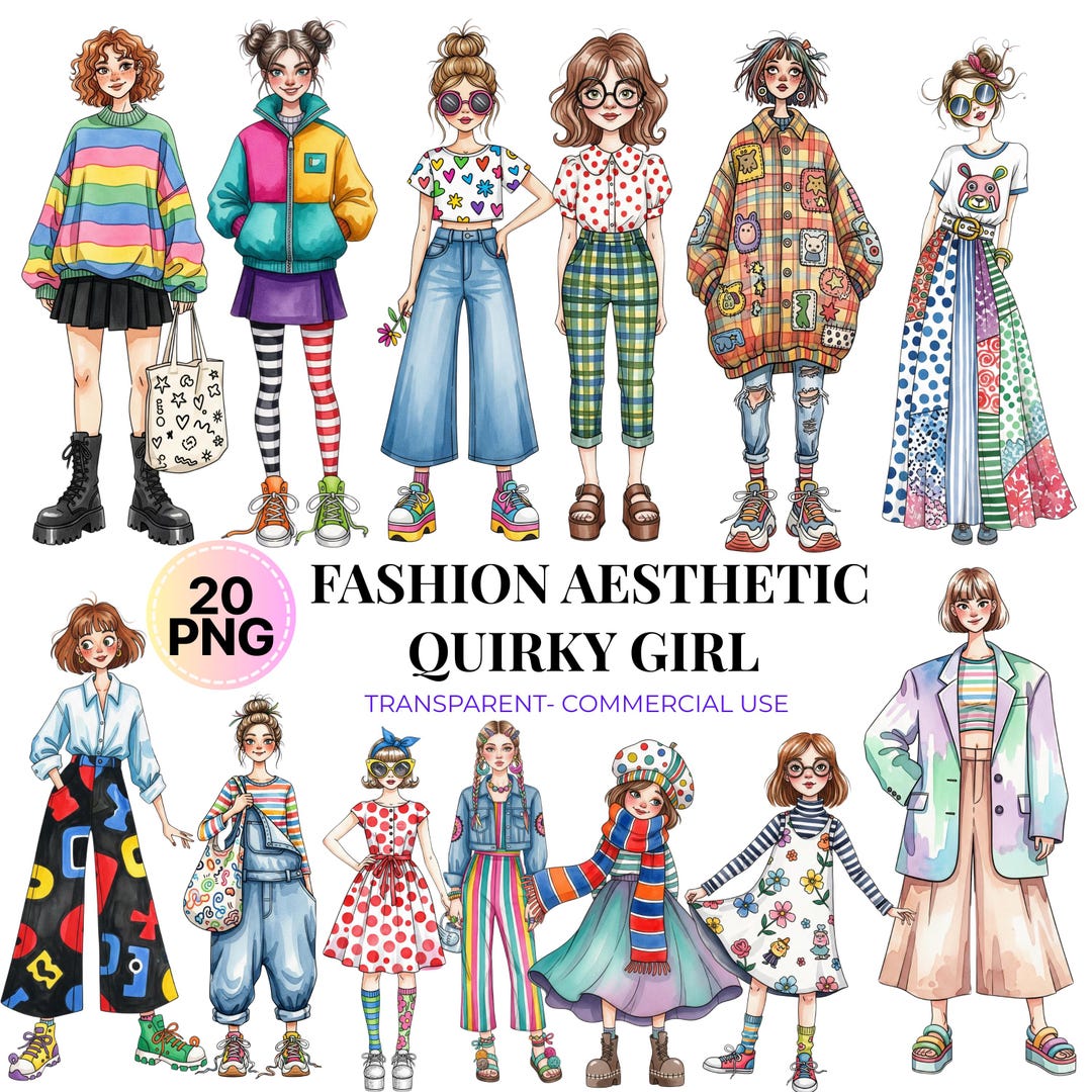 Quirky Girl Clipart PNG Bundle: Watercolor Fashion Illustration ...