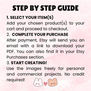Puede incluir: Una gu&iacute;a rosa titulada "STEP BY STEP GUIDE" en texto negro en negrita. Detalla el proceso de compra de art&iacute;culos digitales, desde la selecci&oacute;n de productos hasta la descarga de un PDF. La gu&iacute;a tambi&eacute;n menciona el uso de im&aacute;genes para proyectos.