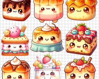 Kawaii Dessert Clipart: Sötsaker och matillustrationer för klistermärken (PNG digital nedladdning)