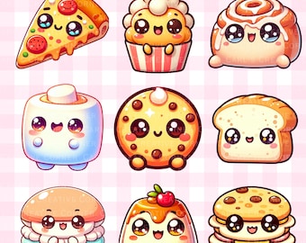 Kawaii Food 25 Clipart PNG Ilustrações fofas de doces, fast food e refeições Adesivos fofos de Kawaii para scrapbooking Comida para impressão Download instantâneo