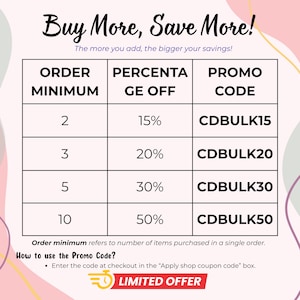 Puede incluir: Gr&aacute;fico promocional con el texto "&iexcl;Compra m&aacute;s, ahorra m&aacute;s!" y una tabla que detalla los porcentajes de descuento seg&uacute;n los m&iacute;nimos de pedido. Incluye c&oacute;digos promocionales como CDBULK15, CDBULK20, CDBULK30 y CDBULK50. Tambi&eacute;n hay una insignia de "Oferta Limitada".