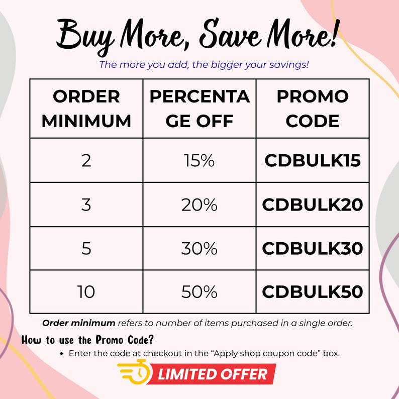 Puede incluir: Gr&aacute;fico promocional con el texto "&iexcl;Compra m&aacute;s, ahorra m&aacute;s!" y una tabla que detalla los porcentajes de descuento seg&uacute;n los m&iacute;nimos de pedido. Incluye c&oacute;digos promocionales como CDBULK15, CDBULK20, CDBULK30 y CDBULK50. Tambi&eacute;n hay una insignia de "Oferta Limitada".
