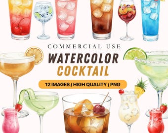 Watercolor Cocktail Clipart 20 PNG, Signature Drink, Bar Menu Printable, Wedding Cocktail Illustration, Summer Drink Party, Digital Download