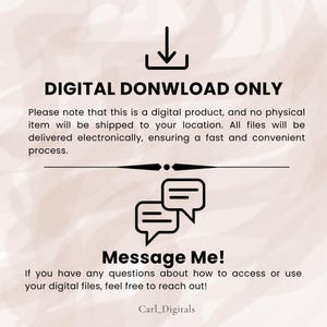 Puede incluir: Un anuncio de producto digital con el texto "DIGITAL DONWLOAD ONLY" y "Message Me!". La imagen incluye un icono de descarga y gr&aacute;ficos de burbujas de di&aacute;logo. El fondo es de un color suave y neutro.