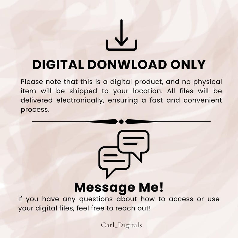 Puede incluir: Un anuncio de producto digital con el texto "DIGITAL DONWLOAD ONLY" y "Message Me!". La imagen incluye un icono de descarga y gr&aacute;ficos de burbujas de di&aacute;logo. El fondo es de un color suave y neutro.