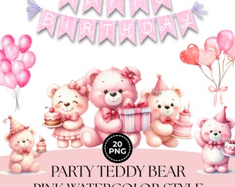 Pink Teddy Bear Watercolor Clipart: Party Decorations, Nursery Art (Digital Download, PNG)
