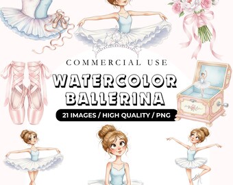 21 Watercolor Ballerina Clipart Bundle, Girly Swan Dancing, Birthday Printable PNG, Little Ballet Girl Dancing Clipart, Commercial Use