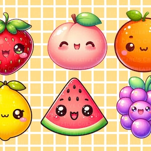 Puede incluir: Seis ilustraciones de frutas de dibujos animados con caras sonrientes. Las frutas incluyen una fresa roja, un melocot&oacute;n rosa, una naranja, un lim&oacute;n amarillo, una rodaja de sand&iacute;a y un racimo de uvas moradas. Cada fruta tiene un estilo lindo, kawaii.