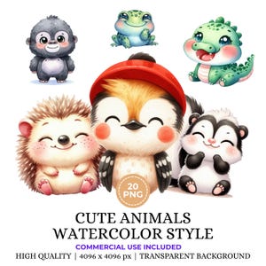 20 Cute Animal Watercolor Clipart, High Quality PNG, Baby Animals , Printable Watercolor, Nursery Clipart, Baby Animal Decor, Comericial Use