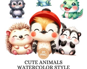 20 Cute Animal Watercolor Clipart, High Quality PNG, Baby Animals , Printable Watercolor, Nursery Clipart, Baby Animal Decor, Comericial Use