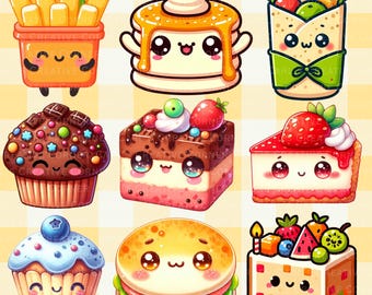 14 Cute Snack and Food Clipart PNG Kawaii Fast Food Illustration Pancake Tacos Nachos Stickers Muffin Scrapbooking Printable Craft Planners