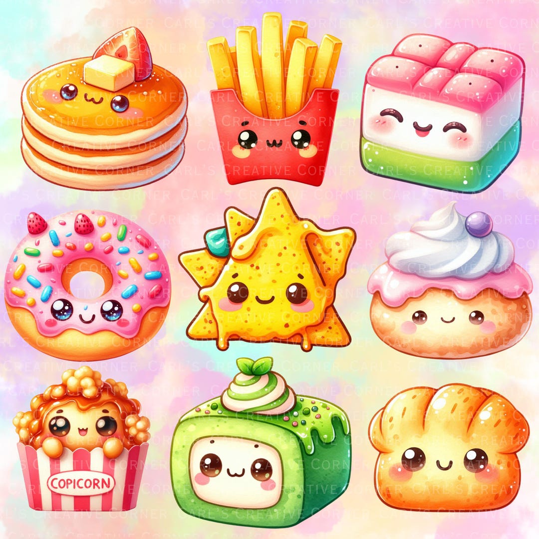 14種類のかわいいスナックとジャンクフードのクリップアートセット