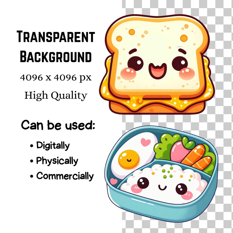 May include: A digital illustration featuring a smiling sandwich and a bento box with a smiling rice ball, egg, vegetables, and carrots. The image includes text: TRANSPARENT BACKGROUND, 4096 x 4096 px, High Quality, Can be used: Digitally, Physically, Commercially.