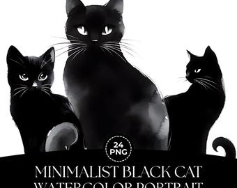 Minimalist Black Cat Watercolor Clipart Bundle: Halloween PNG (Digital Download)