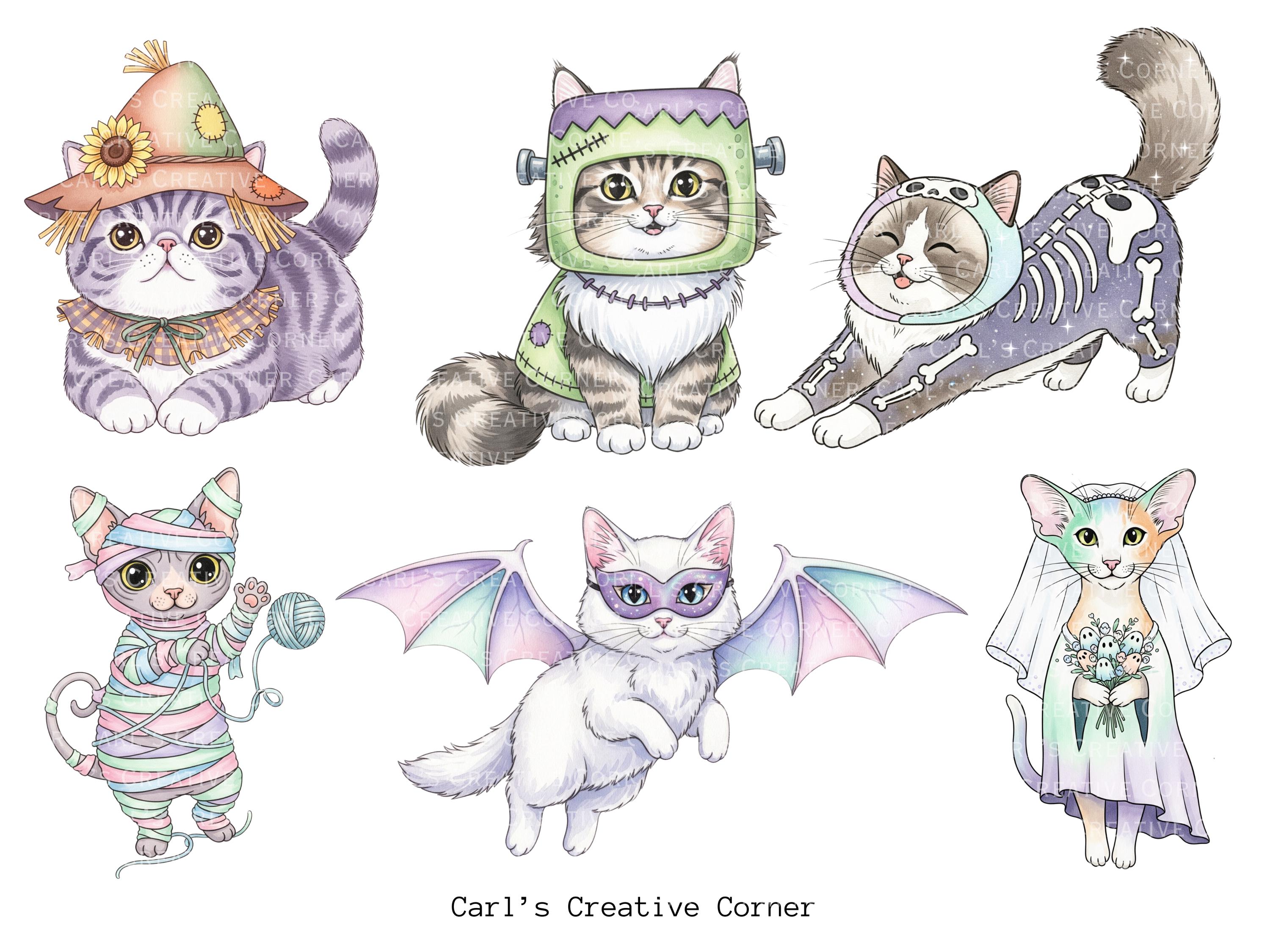 20 Halloween Costume Cat Clipart PNG, Spooky Cute Kittens in Witch ...