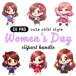 Frauen Tag Chibi Clipart | Niedliche weibliche digitale Kunst | Mädchen Power PNG | Illustration zum Internationalen Frauentag | Kawaii Weibliche Charaktere