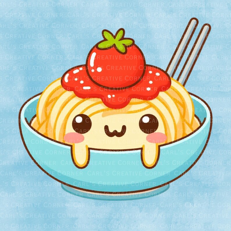 May include: A cartoon illustration of a bowl of spaghetti with a smiling face. The pasta is topped with tomato sauce and a tomato. Two chopsticks are placed behind the bowl. The bowl is light blue.