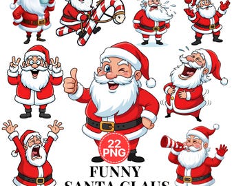 Könnte beinhalten: Eine Sammlung von Cartoon-Illustrationen des Weihnachtsmanns in verschiedenen Posen. Der Weihnachtsmann wird in seinem traditionellen roten Anzug und Hut mit weißem Bart dargestellt. Der Text "FUNNY SANTA CLAUS" und "TRANSPARENT - COMMERCIAL USE" ist enthalten.