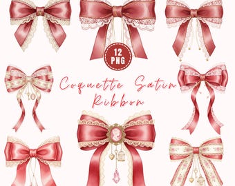 Coquette Satin Ribbon Clipart 12 PNG Transparent Bow Watercolor Illustration for Card Making Stickers Scrapbooking Planner, Digital Download