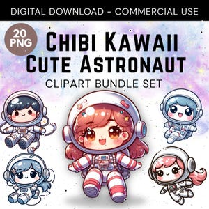 Clipart astronaute kawaii, art numérique mignon, imprimable 20 PNG, conceptions amusantes de galaxie de l'espace pour le scrapbooking, le collage et l'artisanat, usage commercial