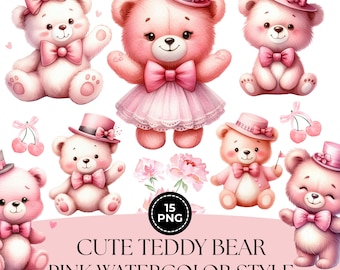 Watercolor Teddy Bear Clipart: Pink Baby Girl Nursery Decor (PNG Digital Download)