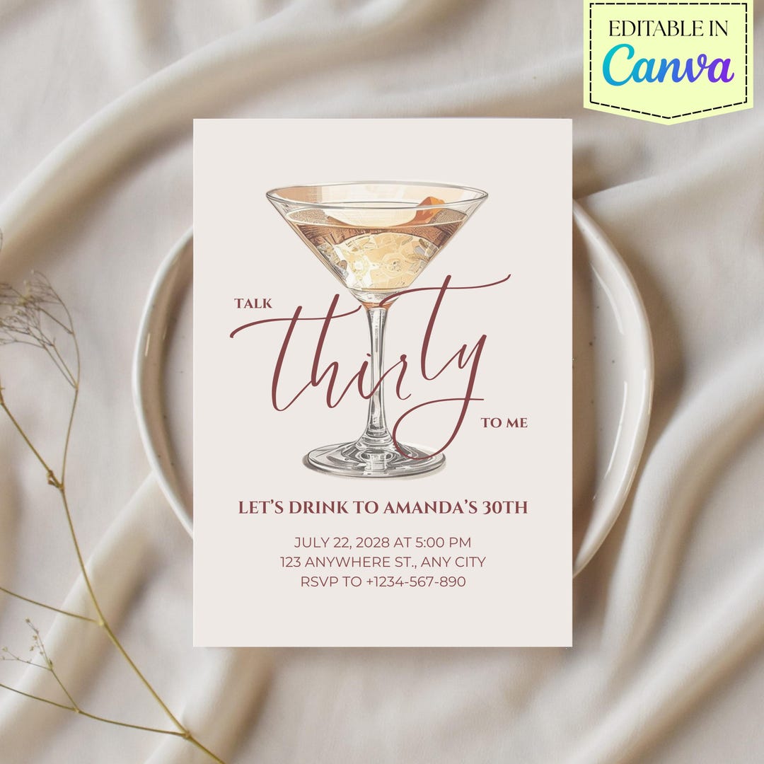 30th Birthday Invitation Template, Cocktail Design, Editable Canva ...