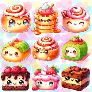 Cute Kawaii Snacks Clipart 14 High Quality PNG Food Illustrations Pancakes Cheesecake Cookies for Stickers Scrapbooking Journals DIY Crafts