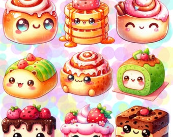 Cute Kawaii Snacks Clipart 14 High Quality PNG Food Illustrations Pancakes Cheesecake Cookies for Stickers Scrapbooking Journals DIY Crafts