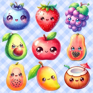 10 Cute Kawaii Fruits Clipart Bundle Fruit Illustration Kawaii Strawberry Papaya Mango Apple for Digital Planner Stickers Scrapbooking Craft