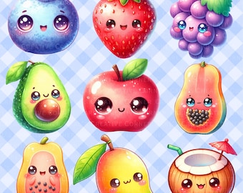 Paquete de 10 lindas frutas kawaii (imágenes prediseñadas): fresa, papaya, mango y manzana para planificadores digitales, pegatinas, scrapbooking y manualidades.
