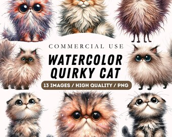 Aquarel eigenzinnige kat clipart, 13 hoge kwaliteit png, grappige grillige kitten graphics, junk Journal, Paper Craft-illustraties, digitale download