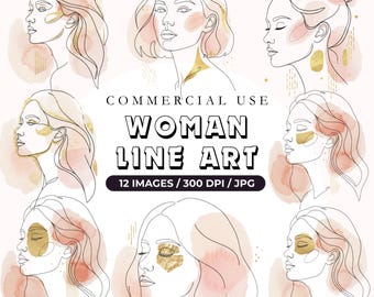 Minimalist Woman Line Art Clipart, 12 Gold Watercolor Texture, Modern Body Line Art, One Line Drawing Wall Art Decor, Female Print Posters