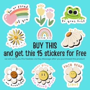 Puede incluir: Una colecci&oacute;n de pegatinas coloridas con citas inspiradoras e ilustraciones bonitas. Los dise&ntilde;os incluyen un arco&iacute;ris, flores, una rana y margaritas. El texto incluye "I'm so proud of you", "Dream Big" y "Do your best".