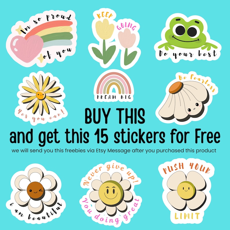 Puede incluir: Una colecci&oacute;n de pegatinas coloridas con citas inspiradoras e ilustraciones bonitas. Los dise&ntilde;os incluyen un arco&iacute;ris, flores, una rana y margaritas. El texto incluye "I'm so proud of you", "Dream Big" y "Do your best".