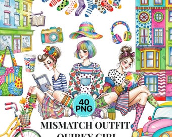 40 Mismatch Outfit Quirky Girl Clipart Cute Fashionable Quirky Instant Download for Digital Planners Stickers Junk Journals Commercial Use