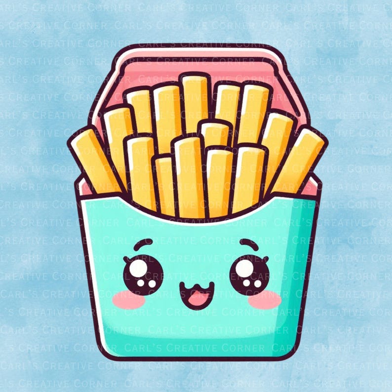 May include: A cute cartoon illustration of a box of french fries. The fries are golden yellow and the box is light blue with a pink top. The box has a smiling face with large eyes and rosy cheeks.