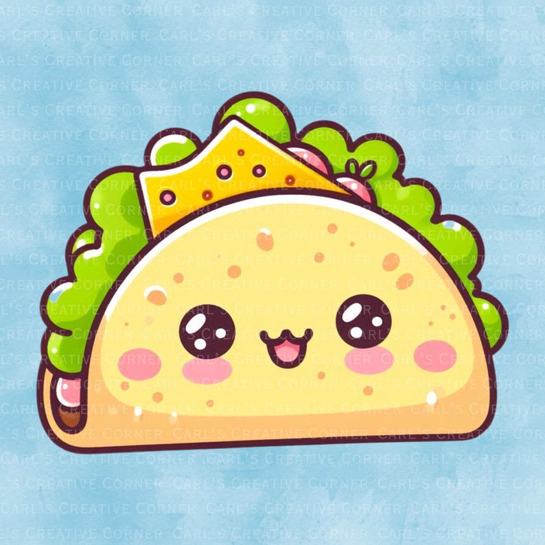 May include: A cartoon taco illustration with a smiling face, featuring a yellow shell, cheese, lettuce, and pink filling. The image has a light blue background and is labeled "Carl's Creative Corner".