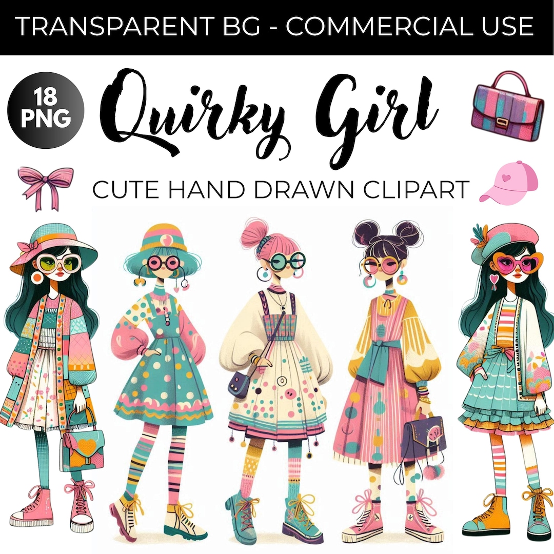 Quirky Girl Clipart | Cute Whimsical Doll | Cute Fashion Quirky Girl ...