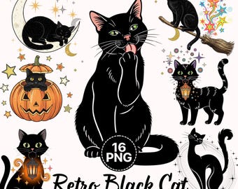 Retro Vibes Black Cat Clipart, High Quality PNG Halloween Decor, Cute Feline for Journaling,  Scrapbooking, Digital Download, Commercial Use