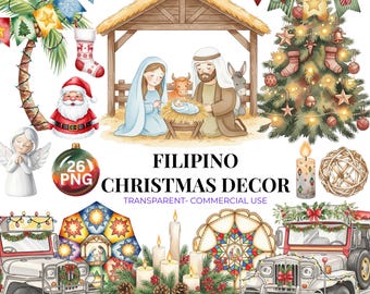 Filipino Christmas Clipart Bundle: Parol, Jeepney, Santa (PNG Digital Download)