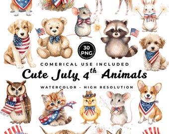 30 Patriotic Animals Watercolor Clipart, USA July 4th Illustrations (Digital Download)