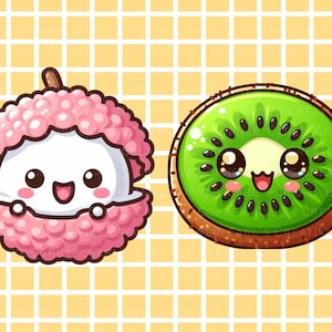Puede incluir: Ilustraci&oacute;n digital de un lichi kawaii y una rodaja de kiwi, ambos con caras sonrientes. El lichi es rosa y blanco, mientras que el kiwi es verde con bordes marrones. El fondo es una cuadr&iacute;cula amarilla.