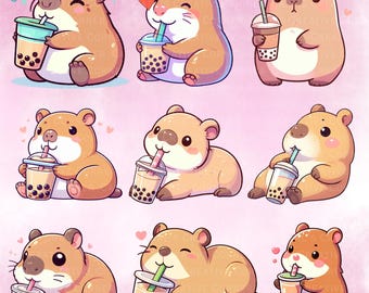 Kawaii Capybara Bubble Tea Clipart: 15 PNG Illustrations (Digital Download