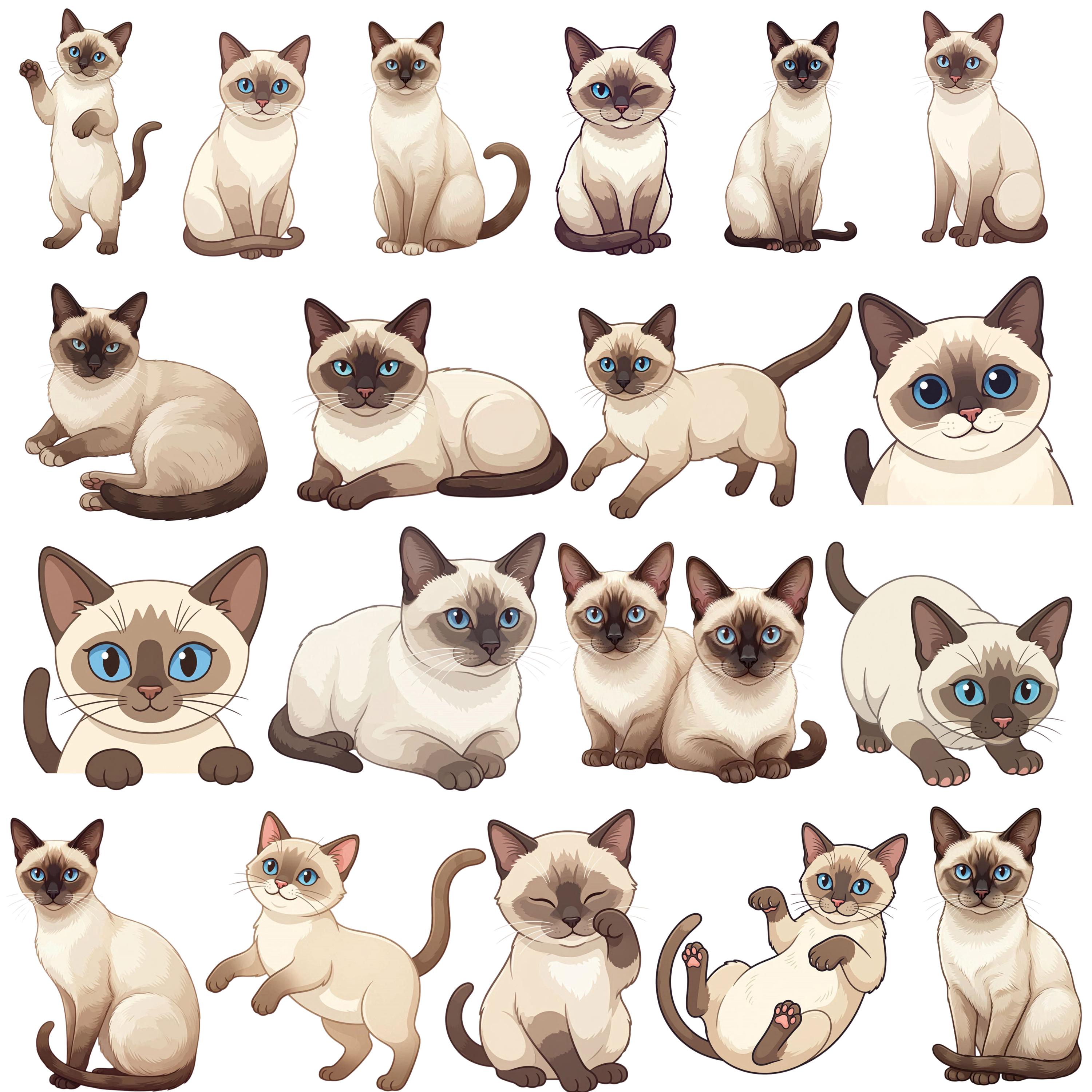 20 Siamese Cat Clipart, Cute Portrait illustration (Digital Download)